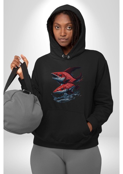 Kırmızı Japon Balığı Kadın Erkek Siyah Kapüşonlu Sweatshirt Hoodie
