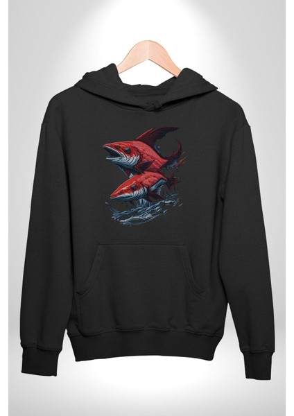 Kırmızı Japon Balığı Kadın Erkek Siyah Kapüşonlu Sweatshirt Hoodie