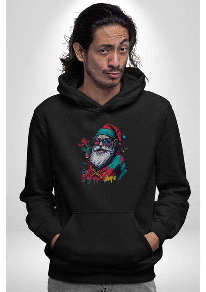 Renkli Noel Baba Yeni Nesil Gözlüklü Kadın Erkek Siyah Kapüşonlu Sweatshirt Hoodie fiyatları