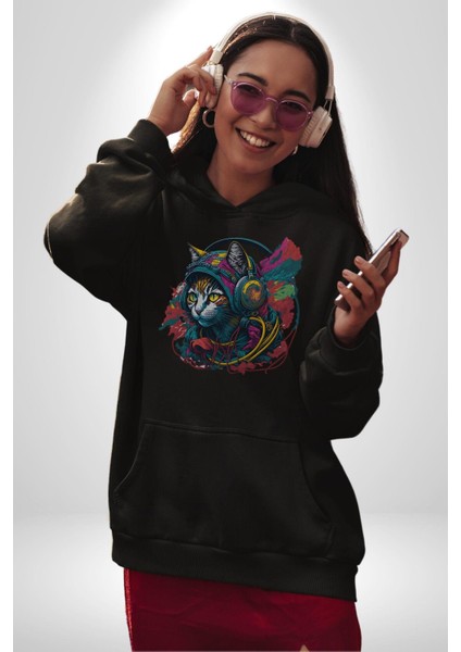 Kulaklık Kedi Müzik Tekir Kadın Erkek Siyah Kapüşonlu Sweatshirt Hoodie