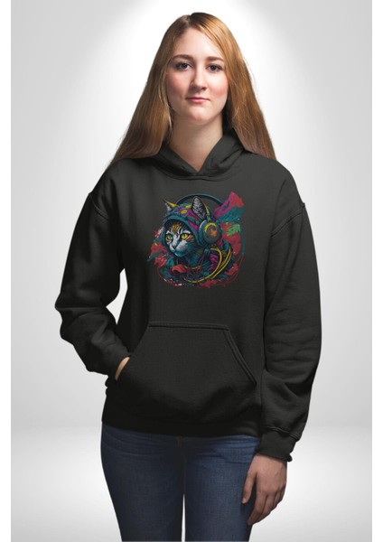 Kulaklık Kedi Müzik Tekir Kadın Erkek Siyah Kapüşonlu Sweatshirt Hoodie fiyatları