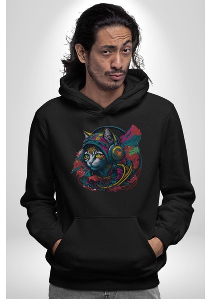 Kulaklık Kedi Müzik Tekir Kadın Erkek Siyah Kapüşonlu Sweatshirt Hoodie modelleri