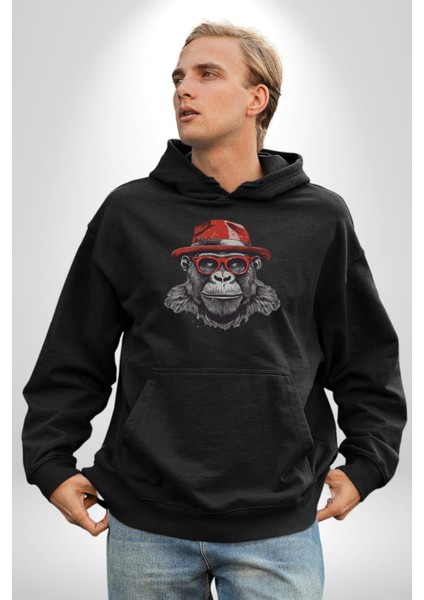 Kırmızı Şapkalı Gözlüklü Maymun Kadın Erkek Siyah Kapüşonlu Sweatshirt Hoodie