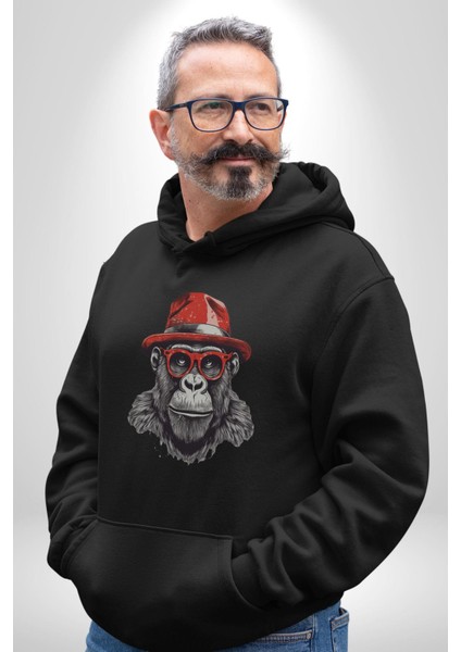 Kırmızı Şapkalı Gözlüklü Maymun Kadın Erkek Siyah Kapüşonlu Sweatshirt Hoodie modelleri