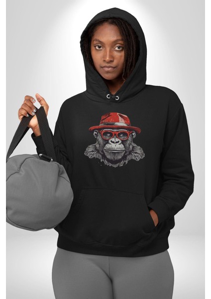 Kırmızı Şapkalı Gözlüklü Maymun Kadın Erkek Siyah Kapüşonlu Sweatshirt Hoodie fırsatları