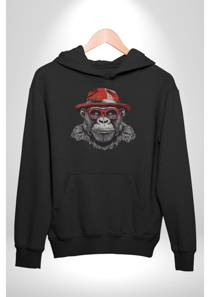 Kırmızı Şapkalı Gözlüklü Maymun Kadın Erkek Siyah Kapüşonlu Sweatshirt Hoodie indirimleri