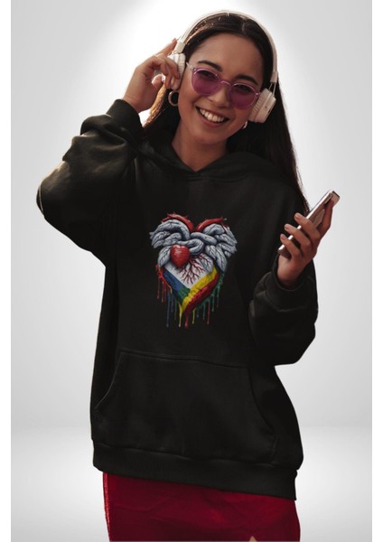 Kalp Damar Renkli Boyalı Kadın Erkek Siyah Kapüşonlu Sweatshirt Hoodie