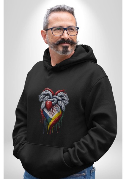 Kalp Damar Renkli Boyalı Kadın Erkek Siyah Kapüşonlu Sweatshirt Hoodie