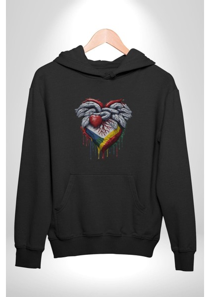 Kalp Damar Renkli Boyalı Kadın Erkek Siyah Kapüşonlu Sweatshirt Hoodie