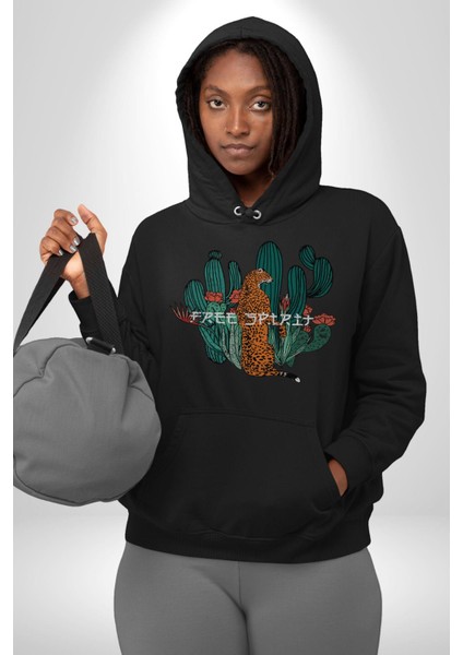 Kaktüs Çita Kadın Erkek Siyah Kapüşonlu Sweatshirt Hoodie fırsatları