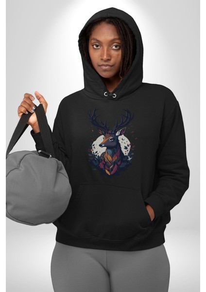Geyik Kafası Yapraklar Kadın Erkek Siyah Kapüşonlu Sweatshirt Hoodie