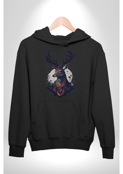 Geyik Kafası Yapraklar Kadın Erkek Siyah Kapüşonlu Sweatshirt Hoodie