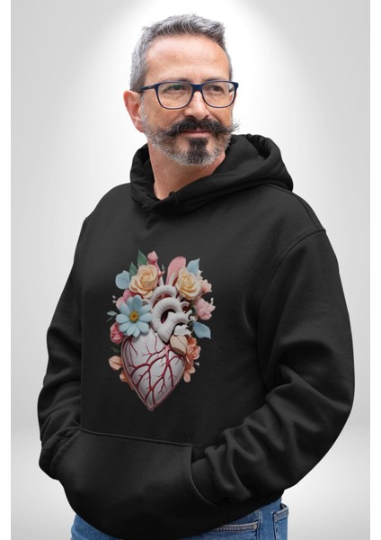 Porselen Çiçek Kalp Kadın Erkek Siyah Kapüşonlu Sweatshirt Hoodie modelleri