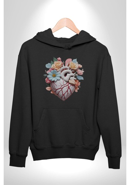 Porselen Çiçek Kalp Kadın Erkek Siyah Kapüşonlu Sweatshirt Hoodie indirimleri
