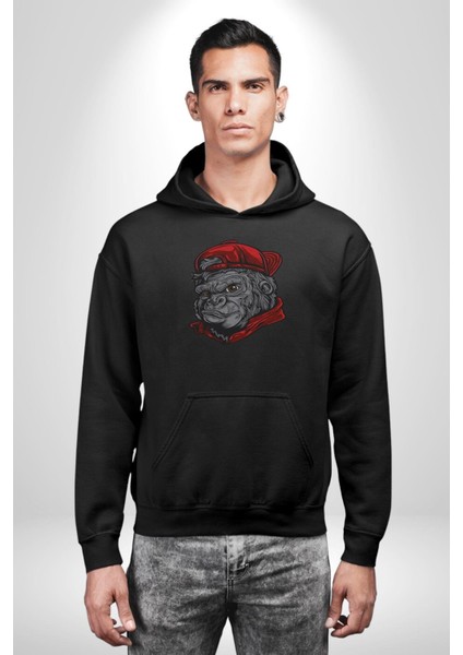 Kırmızı Şapka Maymun Kadın Erkek Siyah Kapüşonlu Sweatshirt Hoodie