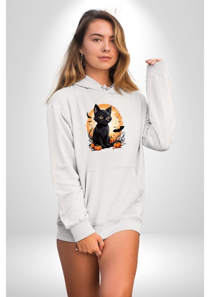 Cadılar Bayramı Kedi Kadın Erkek Beyaz Kapüşonlu Sweatshirt Hoodie