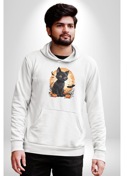 Cadılar Bayramı Kedi Kadın Erkek Beyaz Kapüşonlu Sweatshirt Hoodie fiyatları