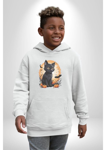 Cadılar Bayramı Kedi Kadın Erkek Beyaz Kapüşonlu Sweatshirt Hoodie modelleri