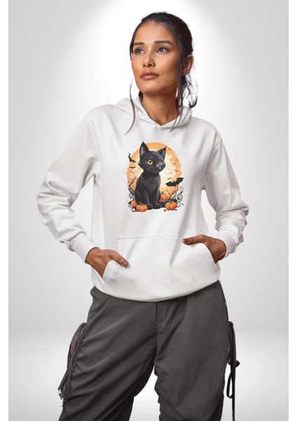Cadılar Bayramı Kedi Kadın Erkek Beyaz Kapüşonlu Sweatshirt Hoodie fırsatları