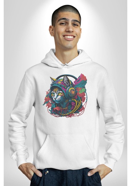Kulaklık Kedi Müzik Tekir Kadın Erkek Beyaz Kapüşonlu Sweatshirt Hoodie modelleri