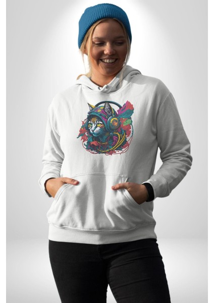 Kulaklık Kedi Müzik Tekir Kadın Erkek Beyaz Kapüşonlu Sweatshirt Hoodie fırsatları