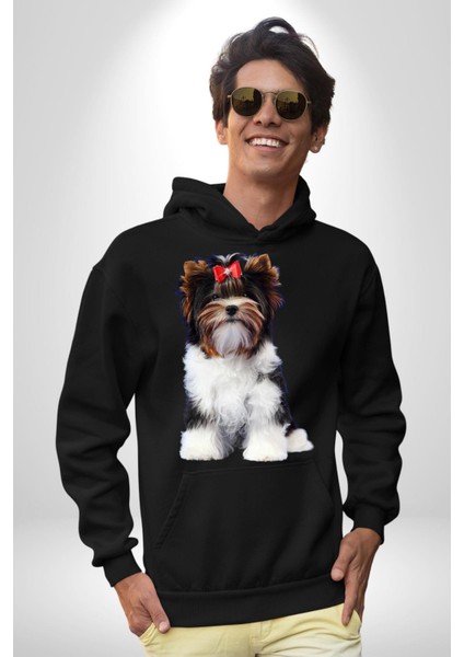 Biewer Yorshire Terrier Kadın Erkek Siyah Kapüşonlu Sweatshirt Hoodie