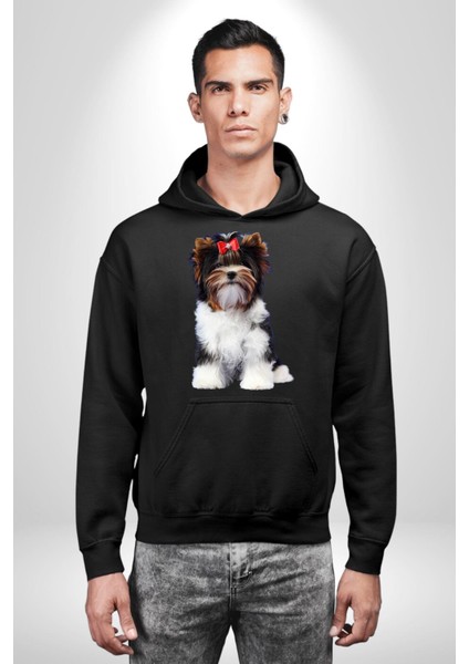 Biewer Yorshire Terrier Kadın Erkek Siyah Kapüşonlu Sweatshirt Hoodie