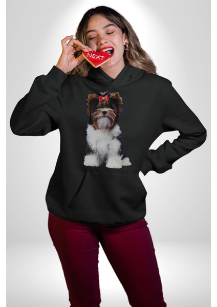 Biewer Yorshire Terrier Kadın Erkek Siyah Kapüşonlu Sweatshirt Hoodie