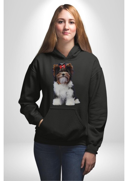 Biewer Yorshire Terrier Kadın Erkek Siyah Kapüşonlu Sweatshirt Hoodie