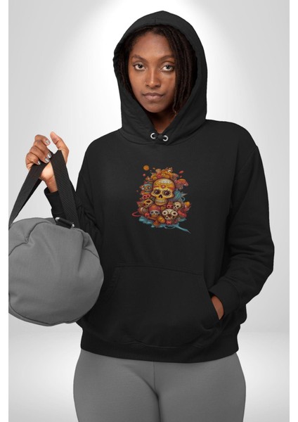 Renkli Kurukafa Hippi Kadın Erkek Siyah Kapüşonlu Sweatshirt Hoodie