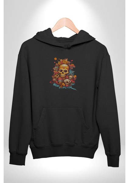 Renkli Kurukafa Hippi Kadın Erkek Siyah Kapüşonlu Sweatshirt Hoodie