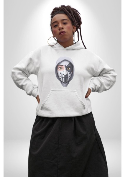 Maske Takan Kahraman Kafası Kadın Erkek Beyaz Kapüşonlu Sweatshirt Hoodie