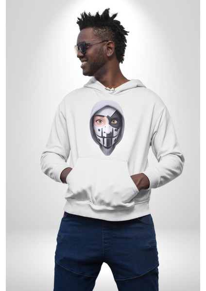 Maske Takan Kahraman Kafası Kadın Erkek Beyaz Kapüşonlu Sweatshirt Hoodie