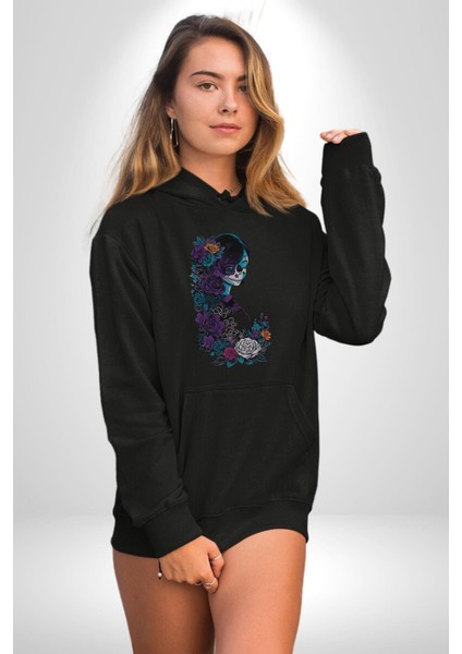 Cadılar Siyah Güller Kadın Erkek Siyah Kapüşonlu Sweatshirt Hoodie