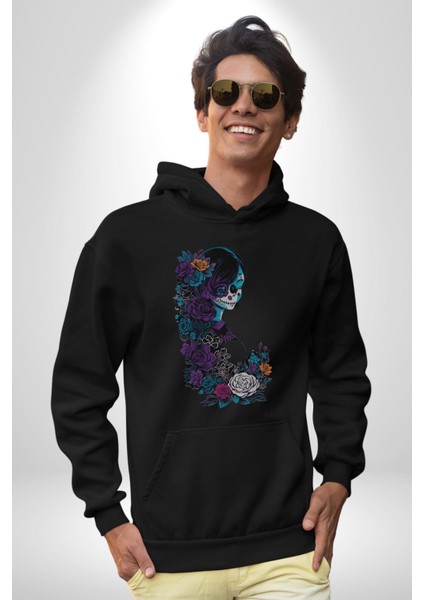 Cadılar Siyah Güller Kadın Erkek Siyah Kapüşonlu Sweatshirt Hoodie