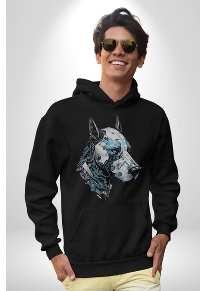 Robot Cyborg Köpek Doberman Kadın Erkek Siyah Kapüşonlu Sweatshirt Hoodie
