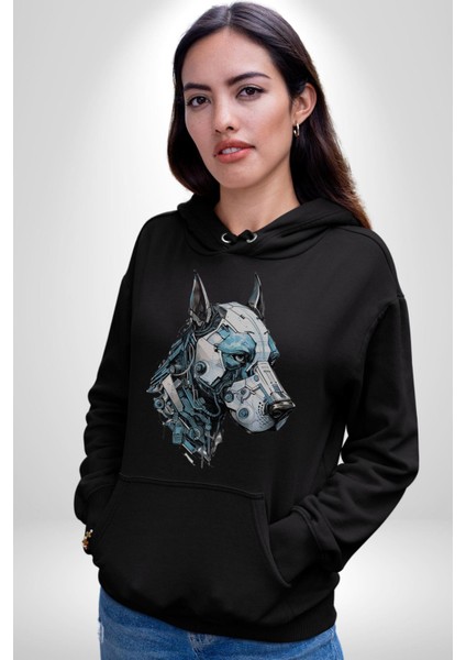 Robot Cyborg Köpek Doberman Kadın Erkek Siyah Kapüşonlu Sweatshirt Hoodie