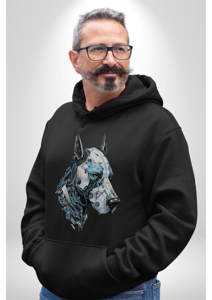 Robot Cyborg Köpek Doberman Kadın Erkek Siyah Kapüşonlu Sweatshirt Hoodie