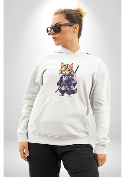 Asyalı Kedi Samuray Savaşcı Kadın Erkek Beyaz Kapüşonlu Sweatshirt Hoodie fiyatları