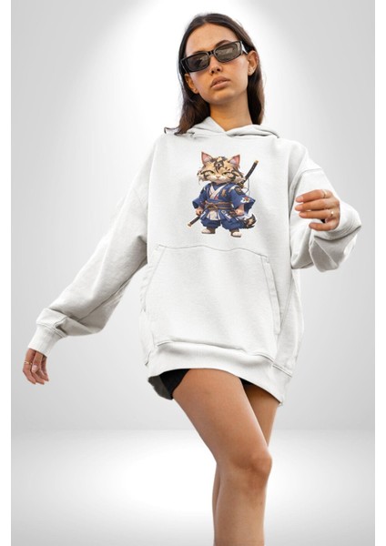 Asyalı Kedi Samuray Savaşcı Kadın Erkek Beyaz Kapüşonlu Sweatshirt Hoodie fırsatları