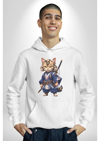 Asyalı Kedi Samuray Savaşcı Kadın Erkek Beyaz Kapüşonlu Sweatshirt Hoodie indirimleri