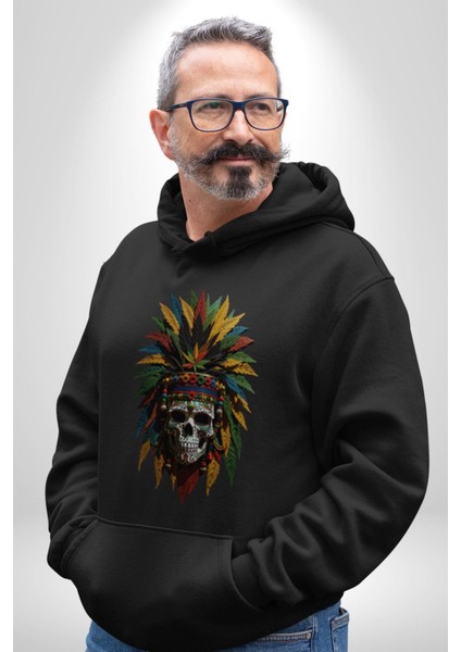 Kurukafa Iskelet Kızılderili Tüy Kartal Şefi Kadın Erkek Siyah Kapüşonlu Sweatshirt Hoodie modelleri