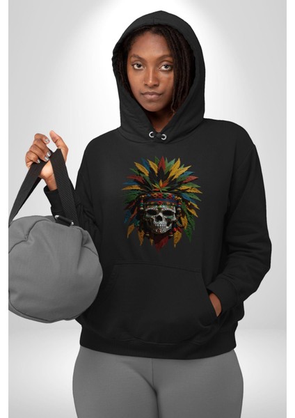 Kurukafa Iskelet Kızılderili Tüy Kartal Şefi Kadın Erkek Siyah Kapüşonlu Sweatshirt Hoodie indirimleri