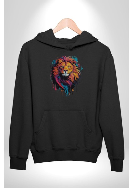 Renkli Yağlı Boya Aslan Kadın Erkek Siyah Kapüşonlu Sweatshirt Hoodie