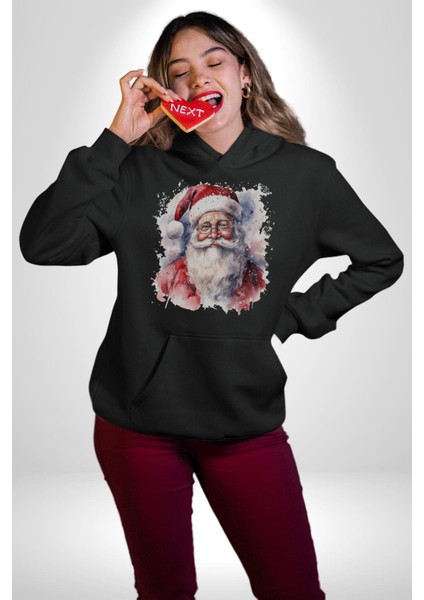 Mutlu Noel Baba Yeni Yıl Tasarımı Kadın Erkek Siyah Kapüşonlu Sweatshirt Hoodie