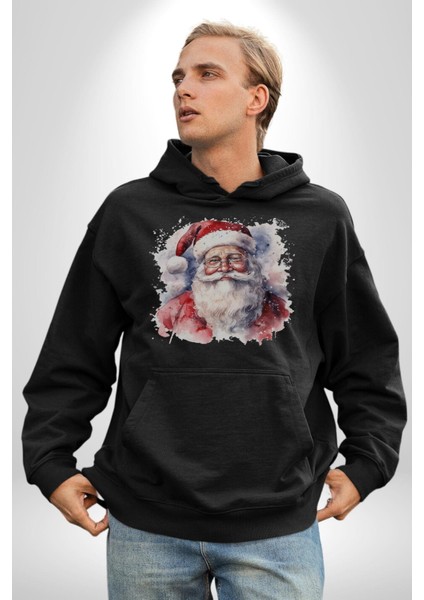 Mutlu Noel Baba Yeni Yıl Tasarımı Kadın Erkek Siyah Kapüşonlu Sweatshirt Hoodie