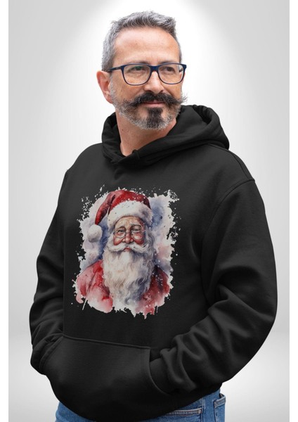 Mutlu Noel Baba Yeni Yıl Tasarımı Kadın Erkek Siyah Kapüşonlu Sweatshirt Hoodie