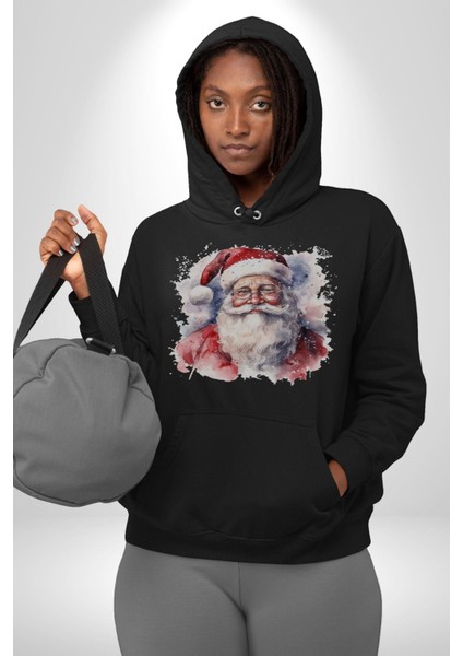 Mutlu Noel Baba Yeni Yıl Tasarımı Kadın Erkek Siyah Kapüşonlu Sweatshirt Hoodie