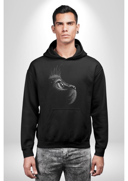 Kedi Bakışı Duygusal Kadın Erkek Siyah Kapüşonlu Sweatshirt Hoodie