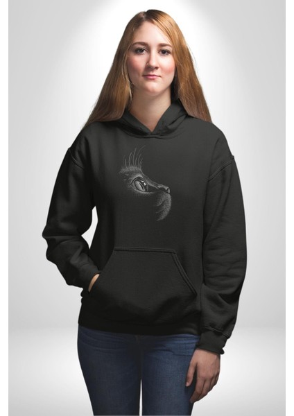 Kedi Bakışı Duygusal Kadın Erkek Siyah Kapüşonlu Sweatshirt Hoodie fırsatları